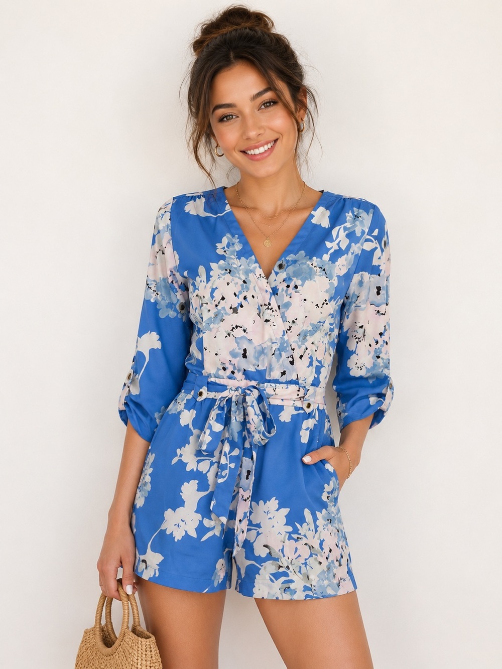 Yumi Kim Blue Zean Floral Faux Wrap Tie Waist Liz Romper Sz. M